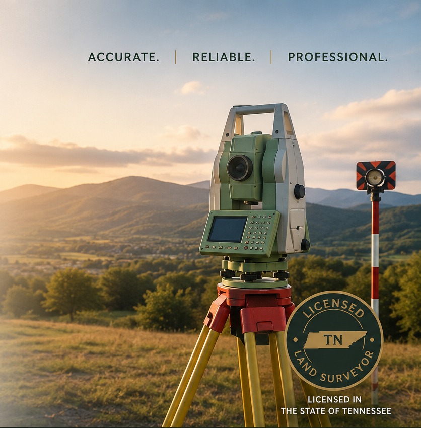 Professional land surveying equipment overlooking a Tennessee landscape